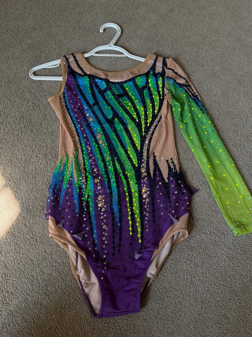 Girls' Sequin One-Sleeve Gymnastics Leotard in Purple & Neon Green